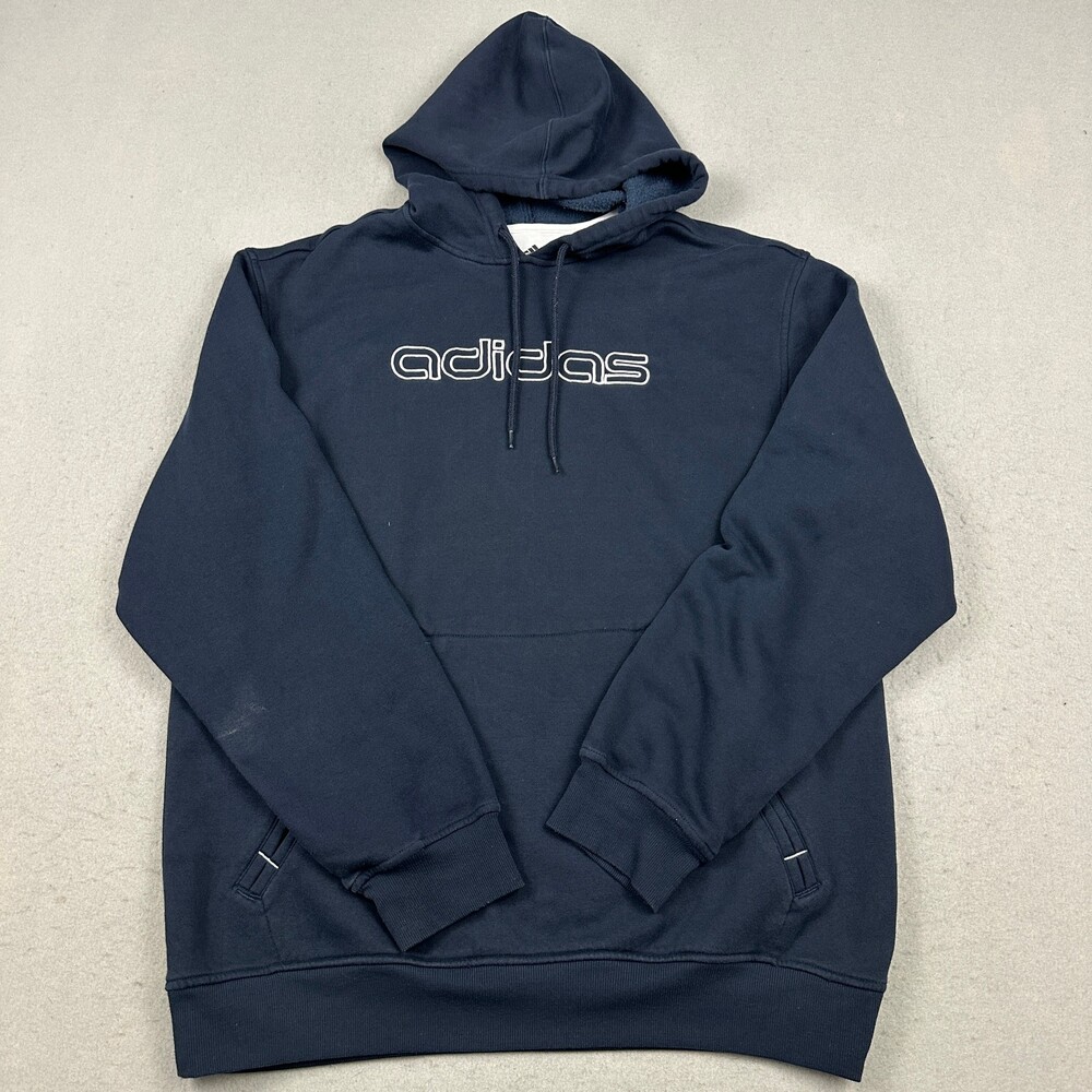 Adidas Originals Hoodie Men Large Blue Solid Spell Out Pullover Sweatshirt L *